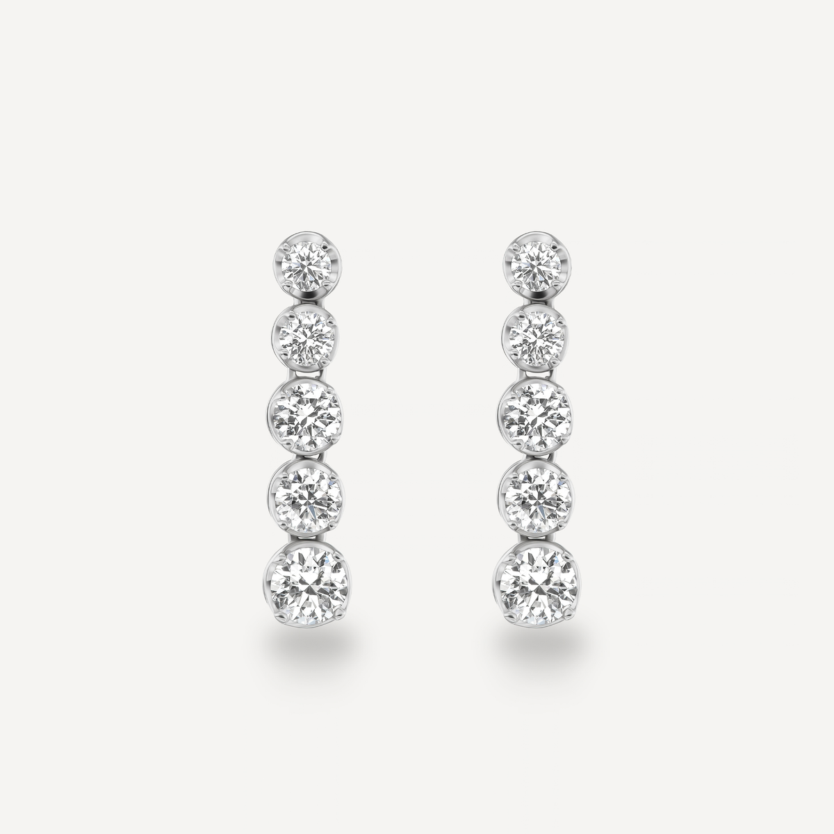Five Diamond Drops in 14K white gold, five graduated round lab-grown diamonds per earring, front view