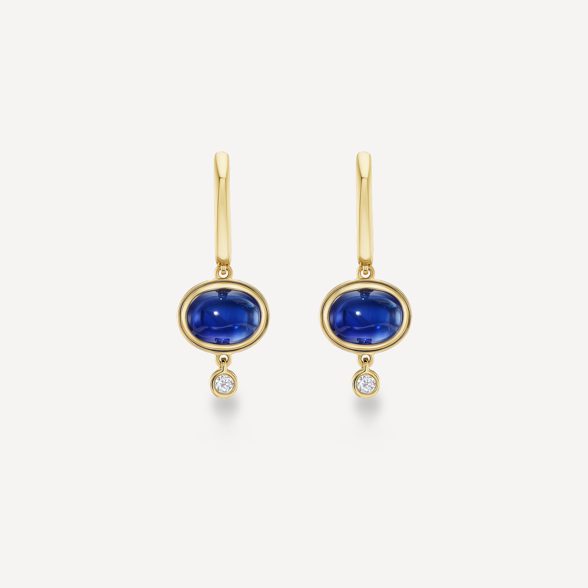 Oval Blue Sapphire Cabochon Drop Earrings in 14K Yellow Gold with Yellow Bezel
