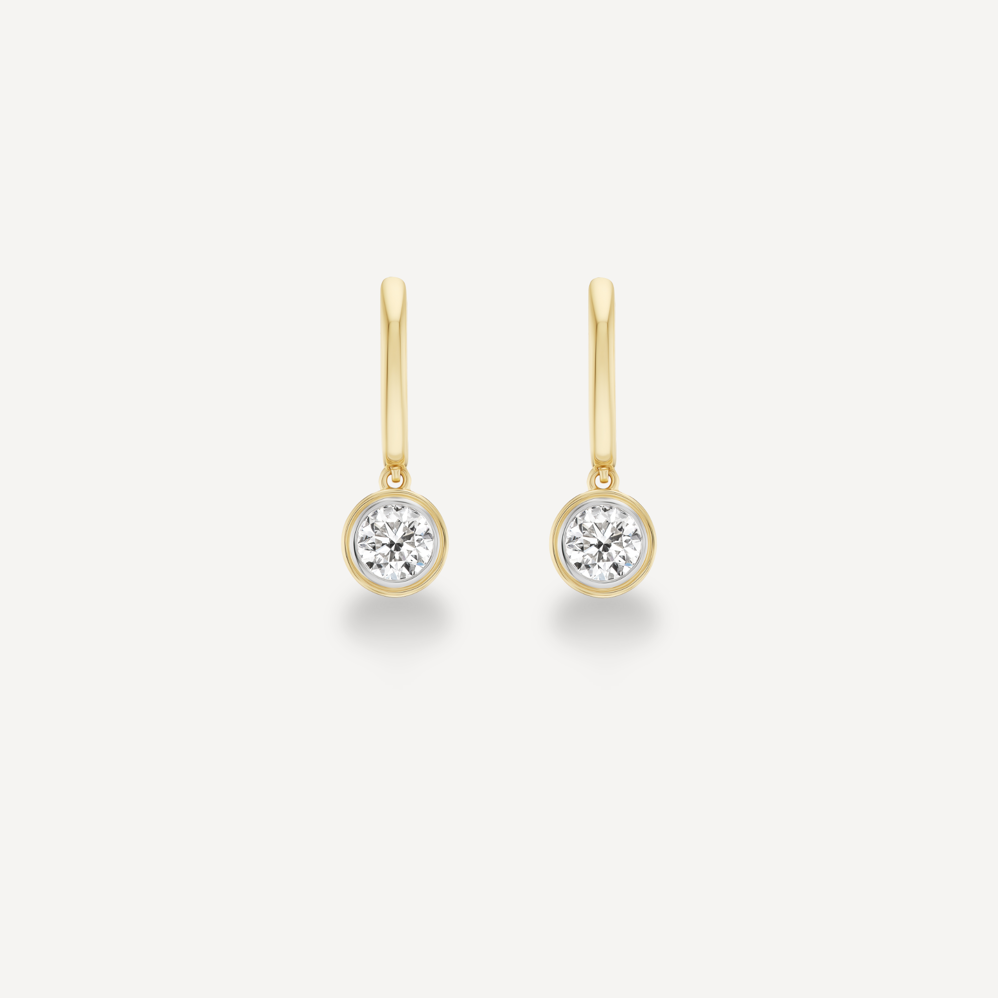 RODI Round Bezel Diamond Drop Earrings in 14K yellow gold with rhodium border